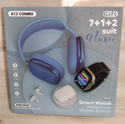 Oferta Combo K12: Smartwatch + Audífonos + Diadema Bluetooth + 7 Correas Intercambiables