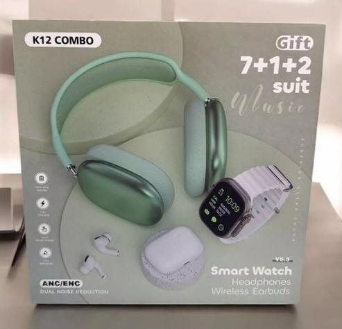 Oferta Combo K12: Smartwatch + Audífonos + Diadema Bluetooth + 7 Correas Intercambiables