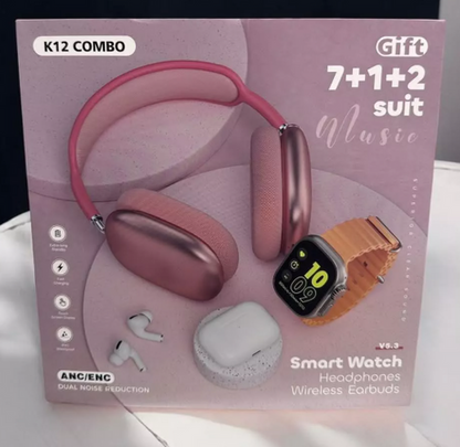 Oferta Combo K12: Smartwatch + Audífonos + Diadema Bluetooth + 7 Correas Intercambiables