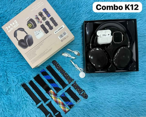 Oferta Combo K12: Smartwatch + Audífonos + Diadema Bluetooth + 7 Correas Intercambiables