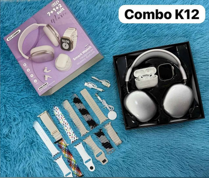 Oferta Combo K12: Smartwatch + Audífonos + Diadema Bluetooth + 7 Correas Intercambiables